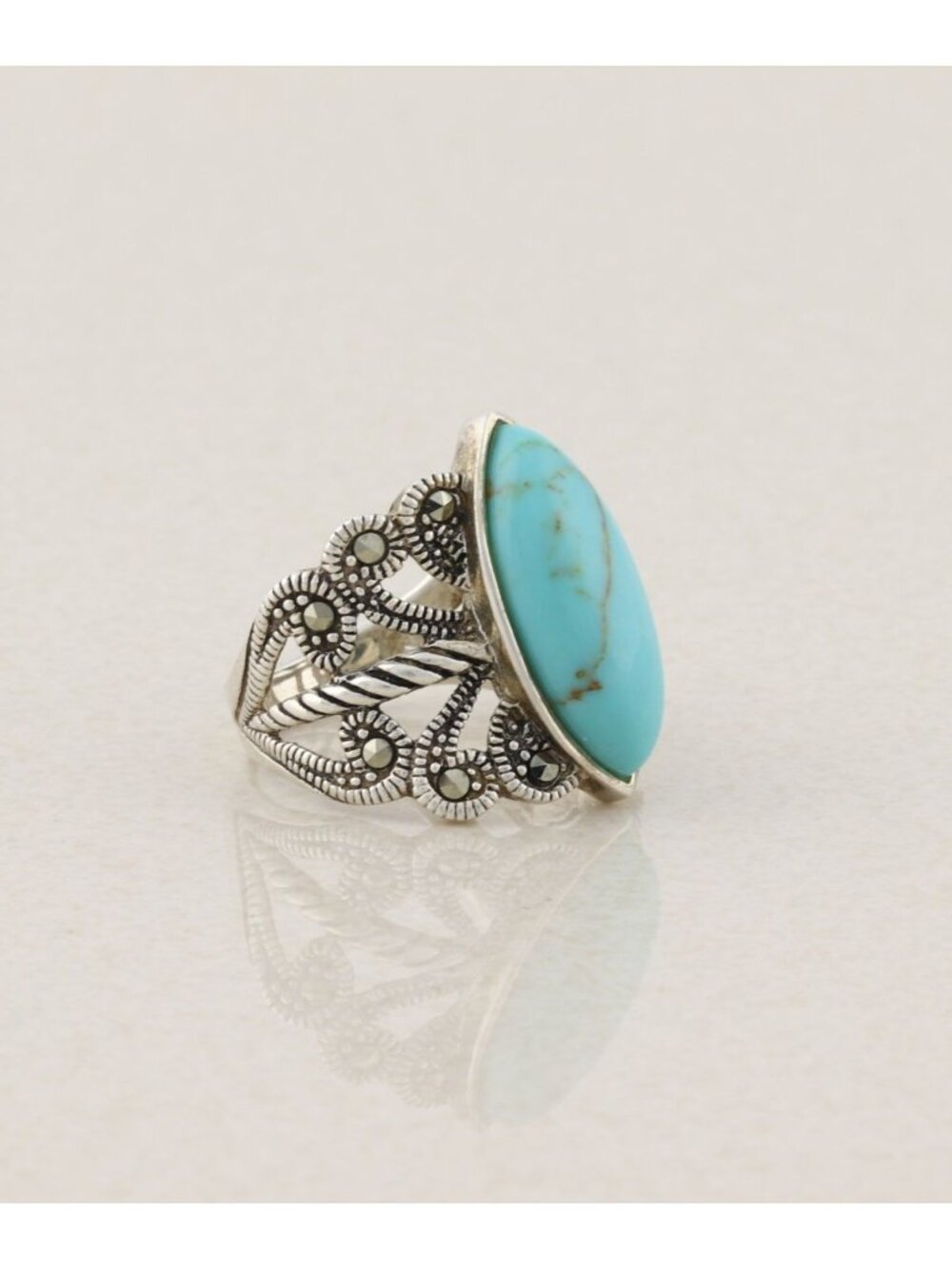 Sterling Silver Turquoise & Marcasite Ring Size 7 1/4 - Picture 4 of 7